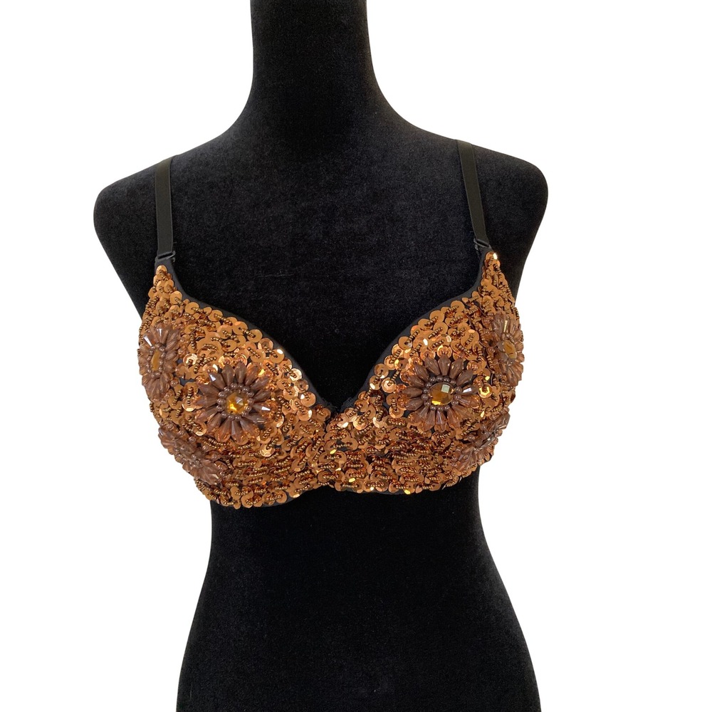 Meishulanna Copper Sequin Beaded Bra Top Festival Rave Costume 34 Floral